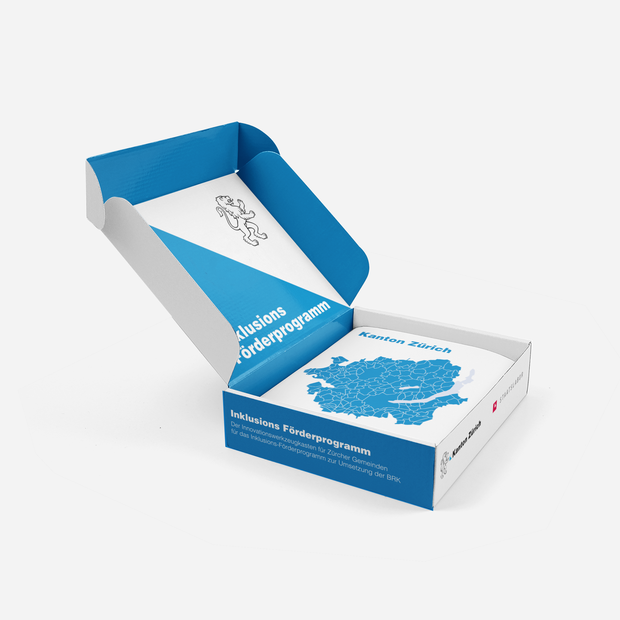 Darstellung einer Kartonschachtel mit einer Abbildung des Kantons Zürich und der Beschriftung "Inklusions-Förderprogramm"